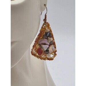 Multi Stones Triangle Pierced Dangle Handmade Earrings 2"